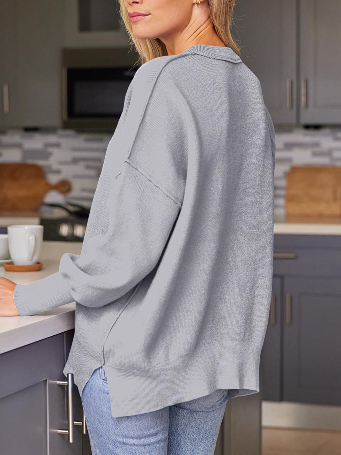 Light Slate Gray Slit Round Neck Dropped Shoulder Sweater