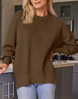 Dark Olive Green Slit Round Neck Dropped Shoulder Sweater