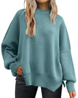 Slate Gray Slit Round Neck Dropped Shoulder Sweater