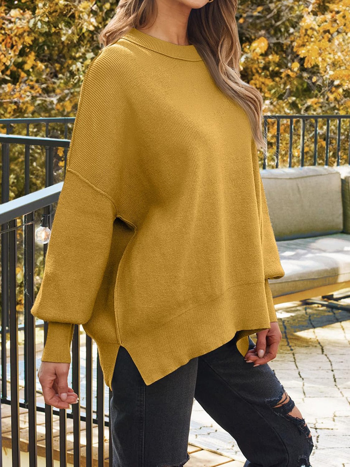 Sienna Slit Round Neck Dropped Shoulder Sweater