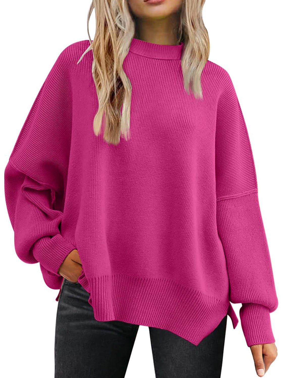 Maroon Slit Round Neck Dropped Shoulder Sweater