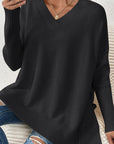 Slit V-Neck Dropped Shoulder Sweater