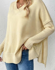 Slit V-Neck Dropped Shoulder Sweater