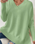 Slit V-Neck Dropped Shoulder Sweater