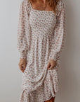 Smocked Floral Square Neck Long Sleeve Midi Dress