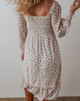 Smocked Floral Square Neck Long Sleeve Midi Dress