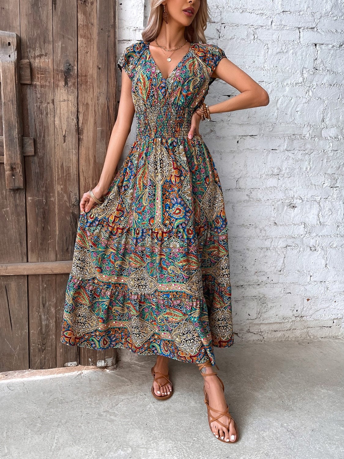 Gray Smocked Printed Cap Sleeve Midi Dress