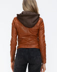 Snobbish Faux Leather Zip Up Drawstring Hooded Jacket