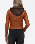 Snobbish Faux Leather Zip Up Drawstring Hooded Jacket