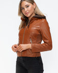 Snobbish Faux Leather Zip Up Drawstring Hooded Jacket