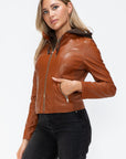 Snobbish Faux Leather Zip Up Drawstring Hooded Jacket