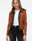 Snobbish Faux Leather Zip Up Drawstring Hooded Jacket