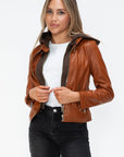 Snobbish Faux Leather Zip Up Drawstring Hooded Jacket