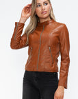 Snobbish Faux Leather Zip Up Drawstring Hooded Jacket