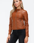 Snobbish Faux Leather Zip Up Drawstring Hooded Jacket