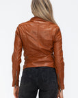 Snobbish Faux Leather Zip Up Drawstring Hooded Jacket