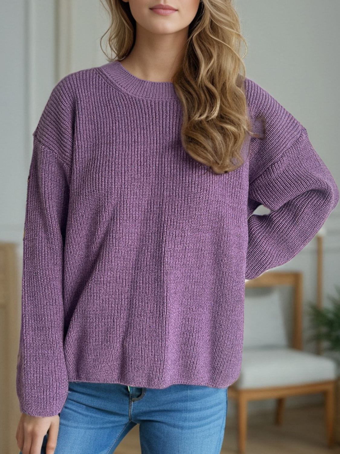 Solid Color Round Neck Long Sleeve Sweater