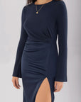 Split Round Neck Long Sleeve Midi Dress