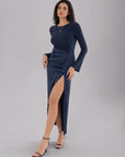 Split Round Neck Long Sleeve Midi Dress