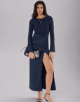 Split Round Neck Long Sleeve Midi Dress