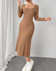 Square Neck Long Sleeve Midi Wrap Dress