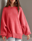 Double Take Side Slit Round Neck Long Sleeve Sweater