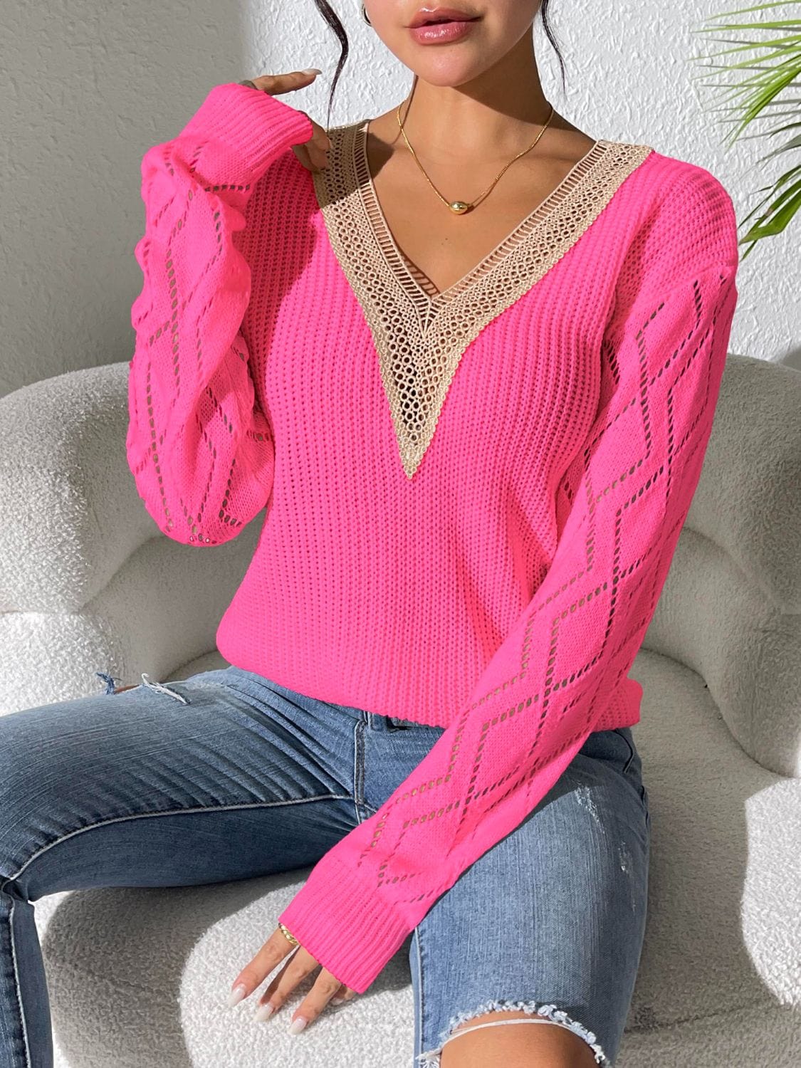 Rosy Brown Openwork V-Neck Long Sleeve Sweater