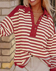 Stripe Johnny Collar Drop Shoulder Sweatshirt