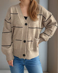 Striped Button Down V-Neck Long Sleeve Cardigan