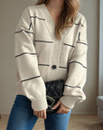 Striped Button Down V-Neck Long Sleeve Cardigan