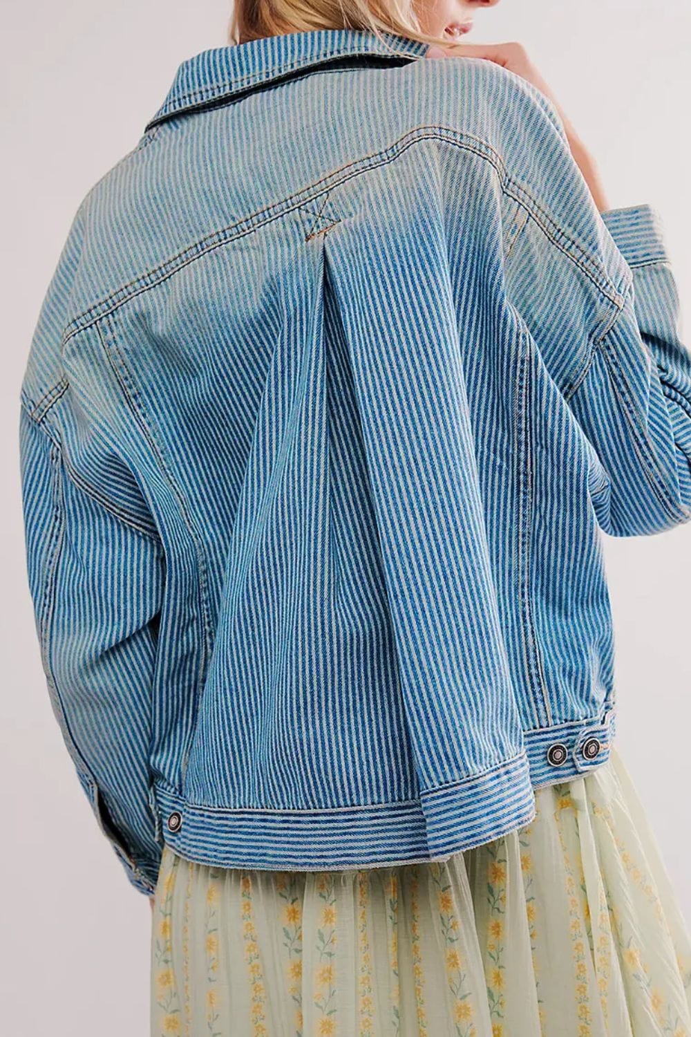 Gray Striped Button Up Long Sleeve Denim Jacket