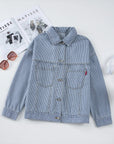 Light Gray Striped Button Up Long Sleeve Denim Jacket