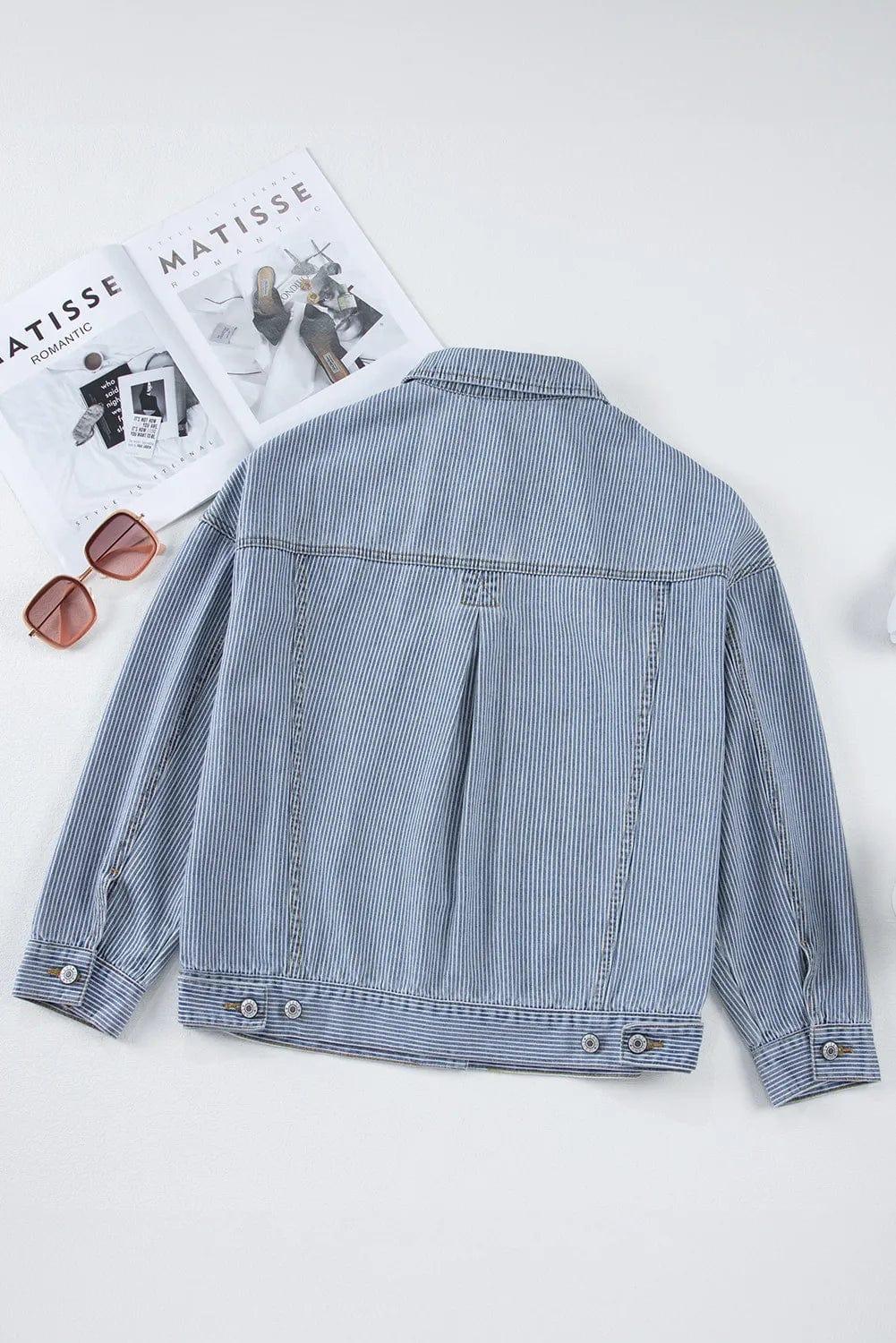 Light Gray Striped Button Up Long Sleeve Denim Jacket