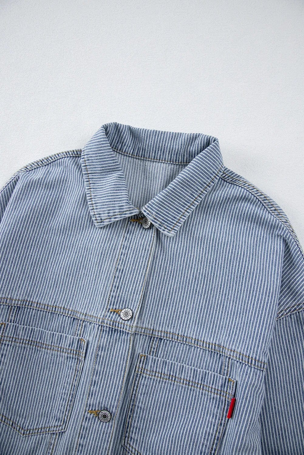 Light Gray Striped Button Up Long Sleeve Denim Jacket