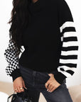 Striped & Checkered Turtleneck Dropped Shoulder Sweater