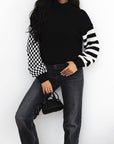 Striped & Checkered Turtleneck Dropped Shoulder Sweater