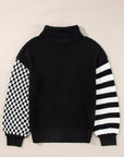 Striped & Checkered Turtleneck Dropped Shoulder Sweater