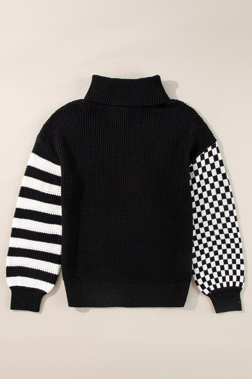 Striped &amp; Checkered Turtleneck Dropped Shoulder Sweater