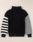 Striped & Checkered Turtleneck Dropped Shoulder Sweater