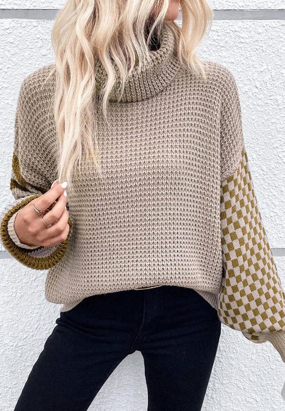 Striped &amp; Checkered Turtleneck Dropped Shoulder Sweater