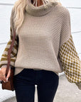 Striped & Checkered Turtleneck Dropped Shoulder Sweater