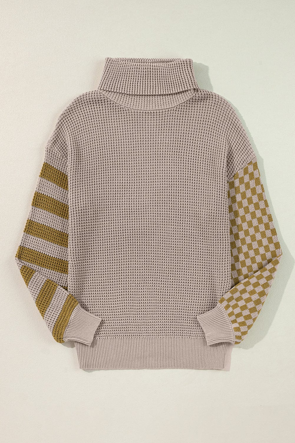 Striped &amp; Checkered Turtleneck Dropped Shoulder Sweater