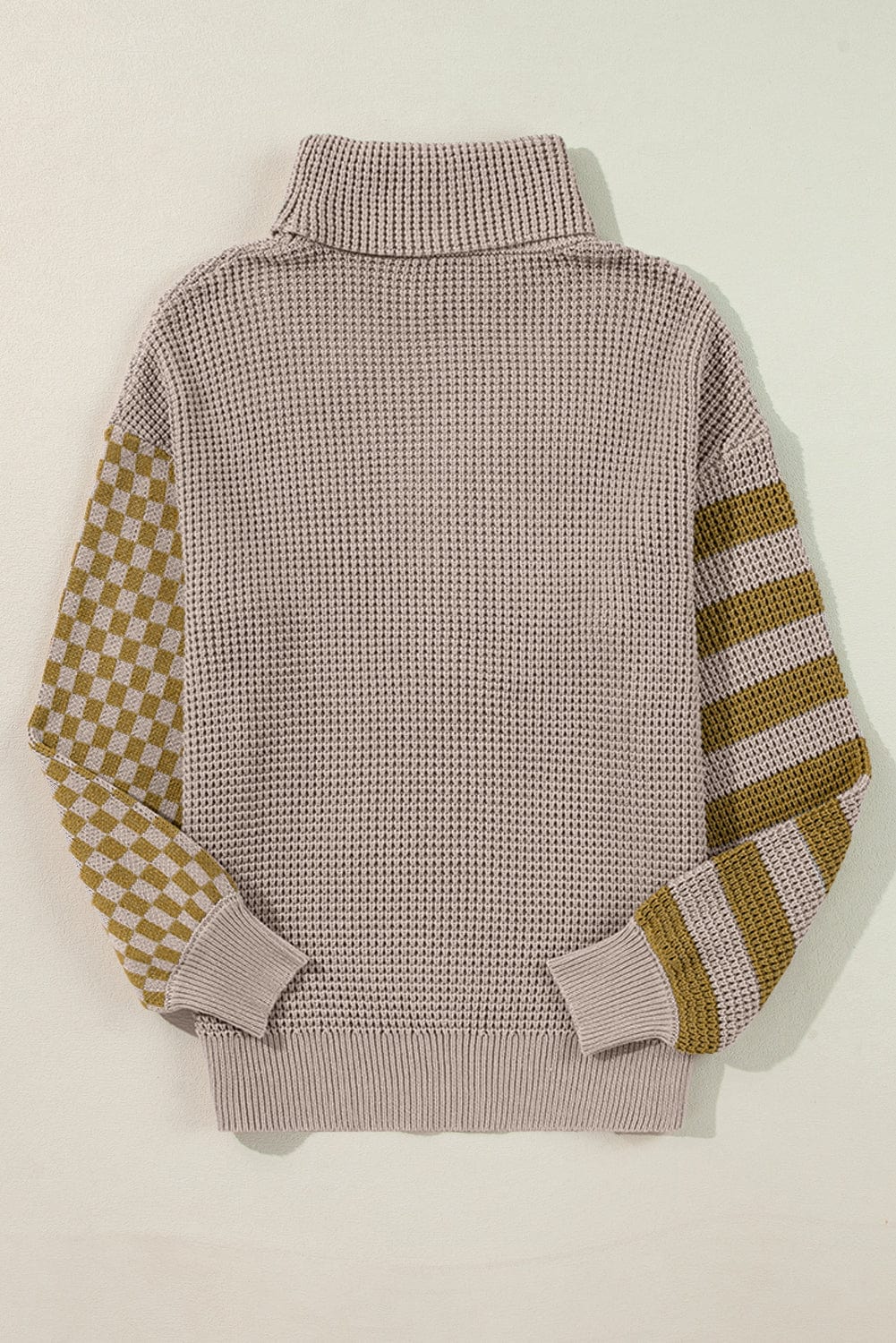 Striped &amp; Checkered Turtleneck Dropped Shoulder Sweater