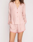 Striped Collared Neck Long Sleeve Top and Shorts Lounge Set