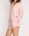 Striped Collared Neck Long Sleeve Top and Shorts Lounge Set