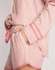 Striped Collared Neck Long Sleeve Top and Shorts Lounge Set