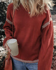 Striped Detail Round Neck Dropped Shoulder Sweater