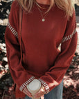 Striped Detail Round Neck Dropped Shoulder Sweater