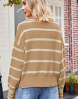 Striped Dropped Shoulder Notched Neck Knit Top