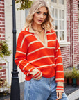 Striped Dropped Shoulder Notched Neck Knit Top